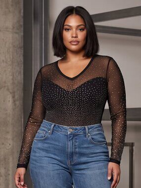 Onyx Black | Artistic Rhinestone Embellished Sheer Mesh Bodysuit | Large